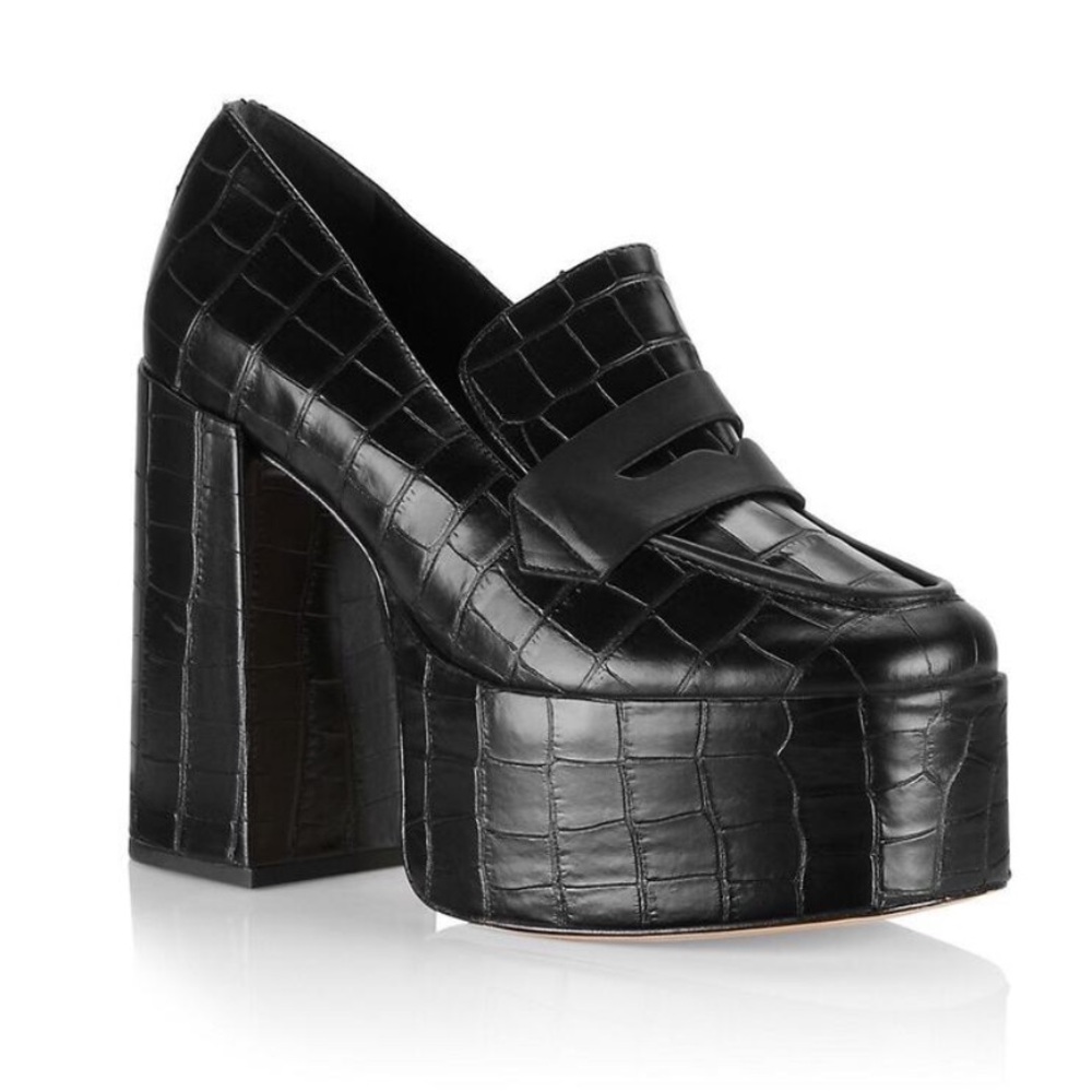 SCHUTZ Black Croc-Embossed Platform Loafers with High Block Heel